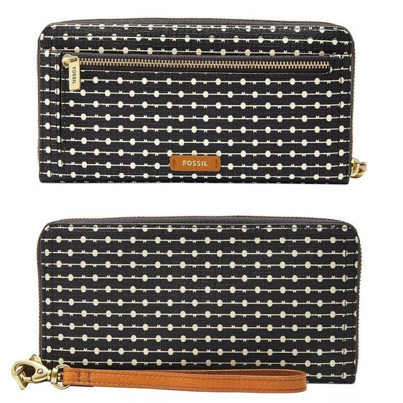 New! FOSSIL Logan RFID Wallet Zip Around Clutch Wristlet Strap Black Stripe - Picture 1 of 12